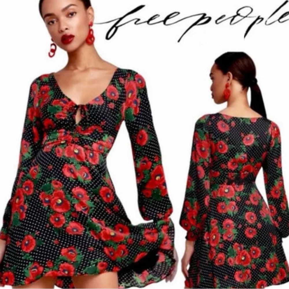 Free People Morning Light Mimi Dress in Black Poppy Floral/Polka Dot